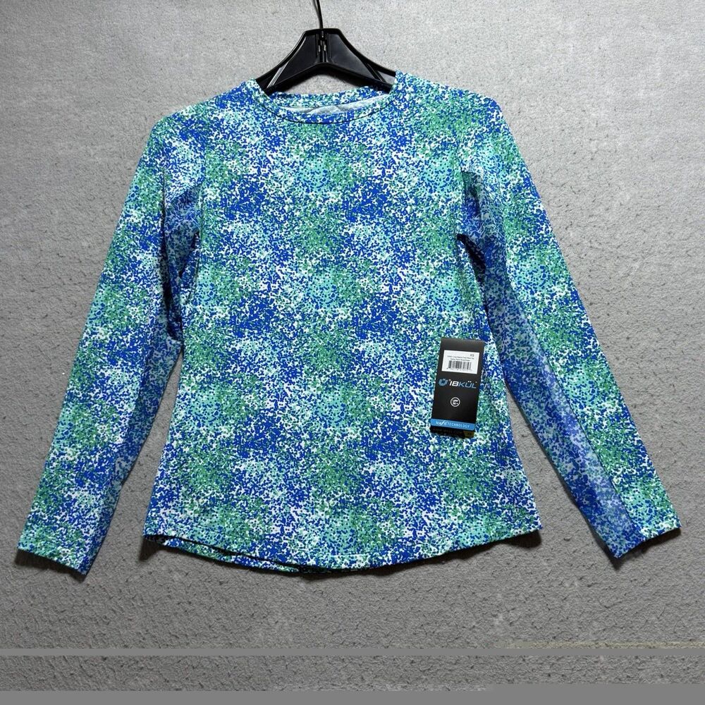 IBKUL Shirt Women’s Size XS Blue Green Spray Paint Long Sleeve Polo Golf NWT
